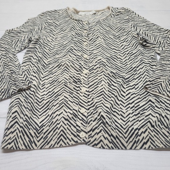 LOFT Ivory And Black Geometric Stripe Button Front Cardigan Size Small - Picture 3 of 8